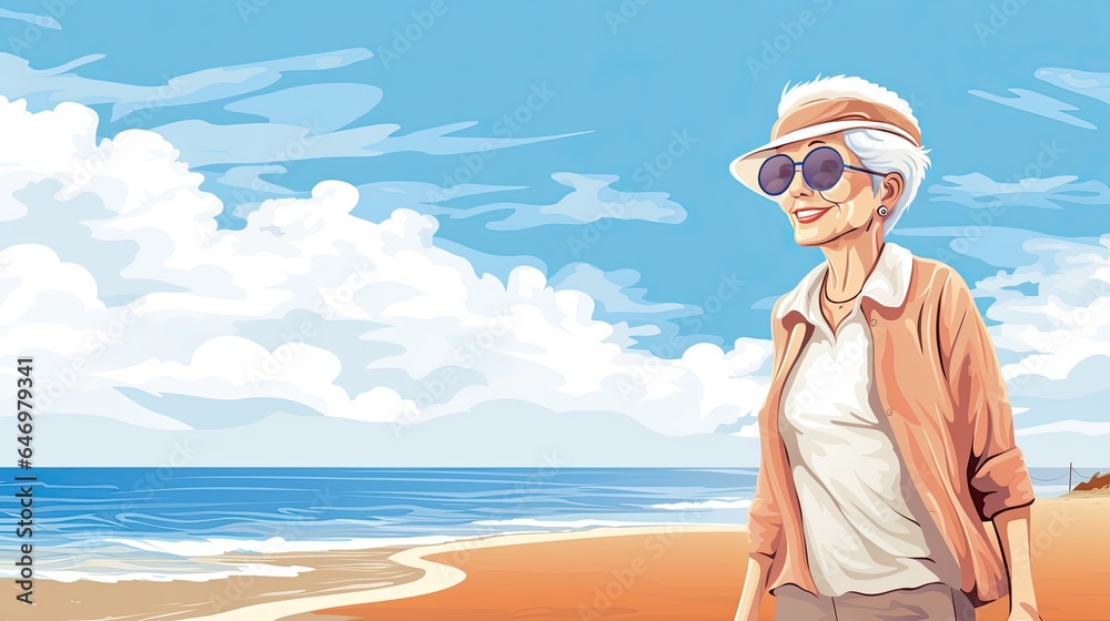 Illustration of Mature Senior Woman on Beach Coast Illustration of Mature Senior Woman on Beach Coast