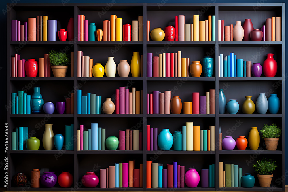 a bookshelf with colorful books, a wall-length shelf with paper books of all bright colors a bookshelf with colorful books, a wall-length shelf with paper books of all bright colors