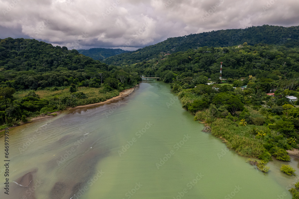 Beautiful aerial view of Dominical Beach and The Baru River in Costa Rica