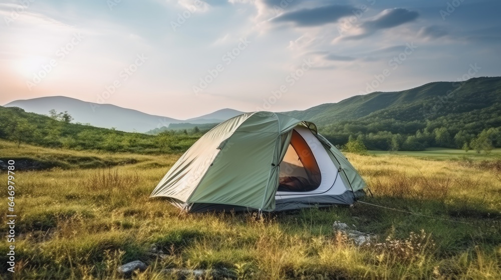 Outdoor camping photo tent in the middle of nature