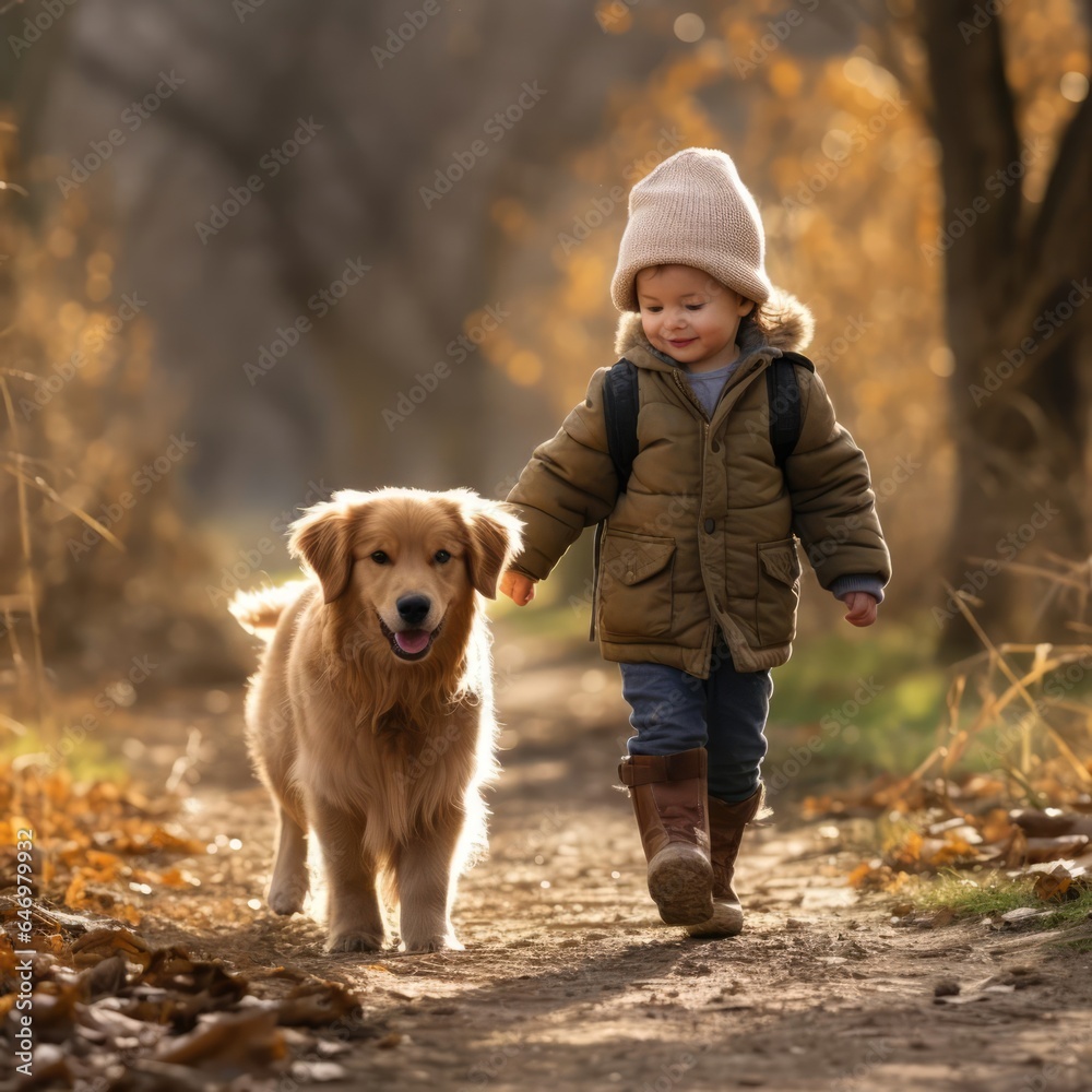Golden retriever puppy and a toddler exploring the outdoors together Golden retriever puppy and a toddler exploring the outdoors together