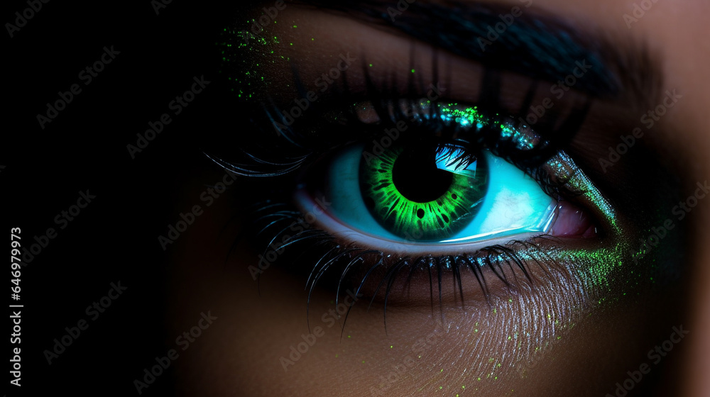 female eye close up glowing green neon made with Generative AI