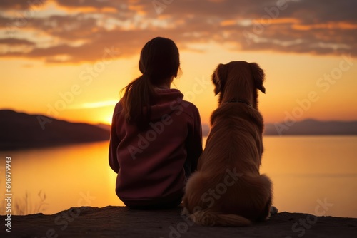 golden retriever puppy and its human companion enjoying a serene sunset together © Fred