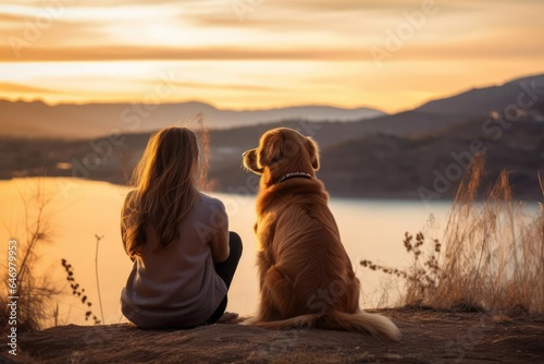 golden retriever puppy and its human companion enjoying a serene sunset together