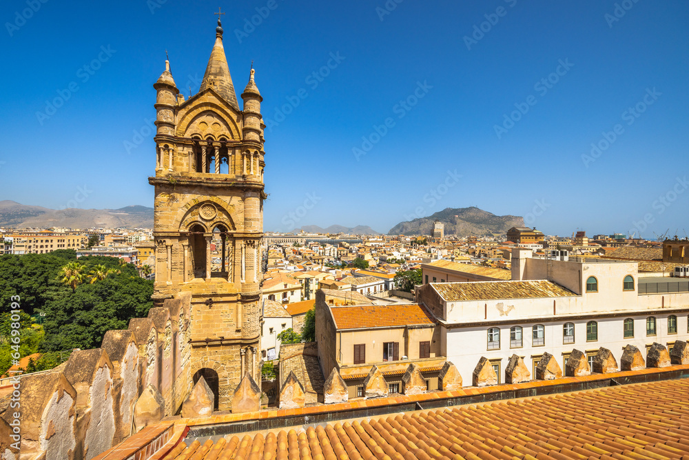 Palermo Cathedral, view of tower with cityscape from roof of cathedral, a major landmark and tourist attraction in capital of Sicily, Italy, Europe.