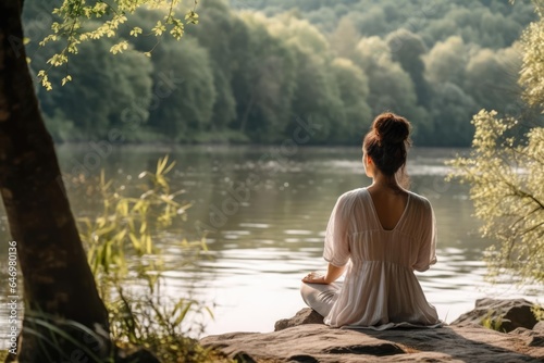 Individual Meditating on a Serene Riverbank © Fred
