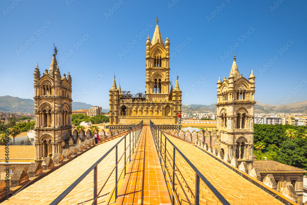 Palermo Cathedral, view of towers from roof of cathedral, a major landmark and tourist attraction in capital of Sicily, Italy, Europe.
