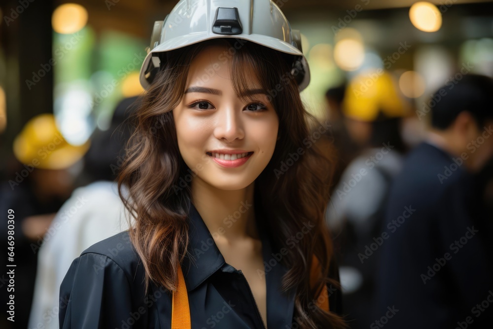 Lifestyle photography Japanese business woman architect in work clothes and helmet. Radiant Lifestyle photography Japanese business woman architect in work clothes and helmet. Radiant