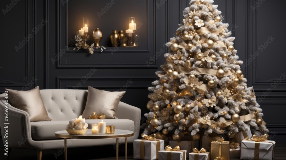 Living Room with Soft Glow and a Majestic Christmas Tree 