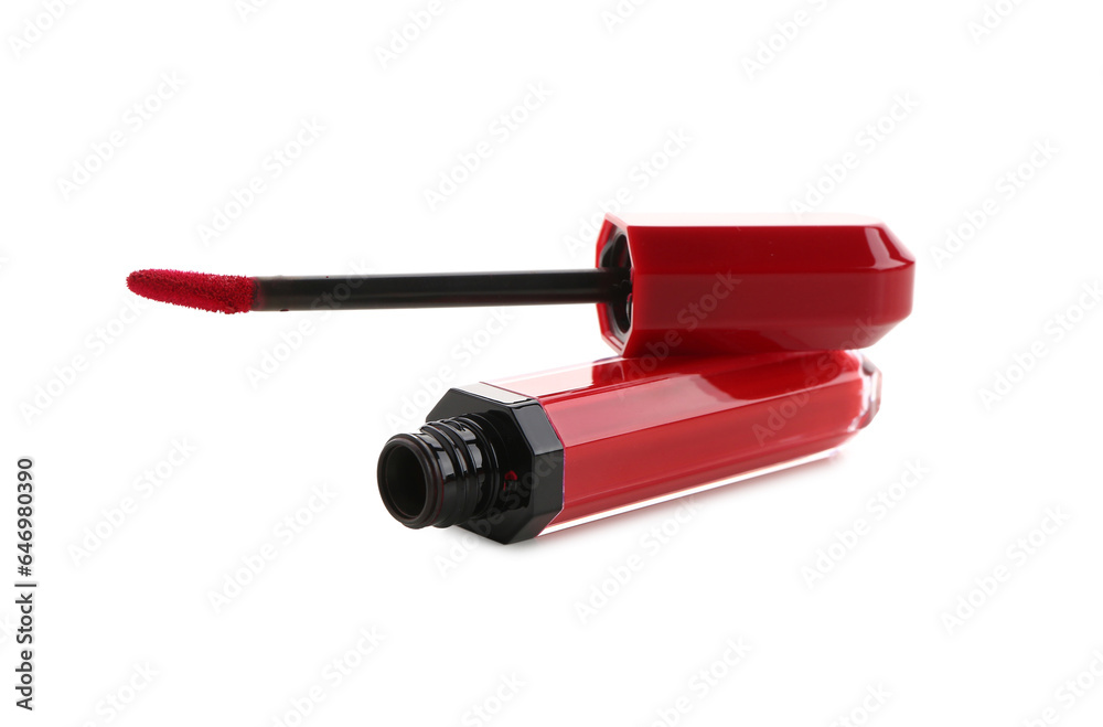 Naklejka premium Stylish red lipstick with brush on white background