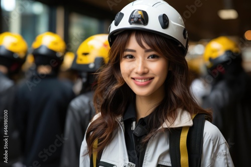 Lifestyle photography Japanese business woman architect in work clothes and helmet. Radiant