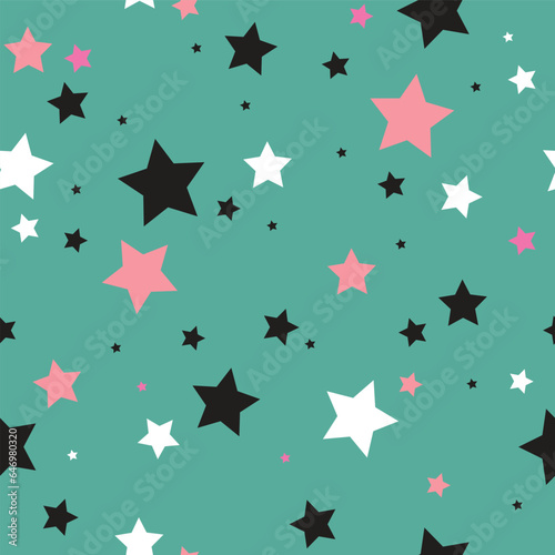 Seamless pink, black and white stars on green background