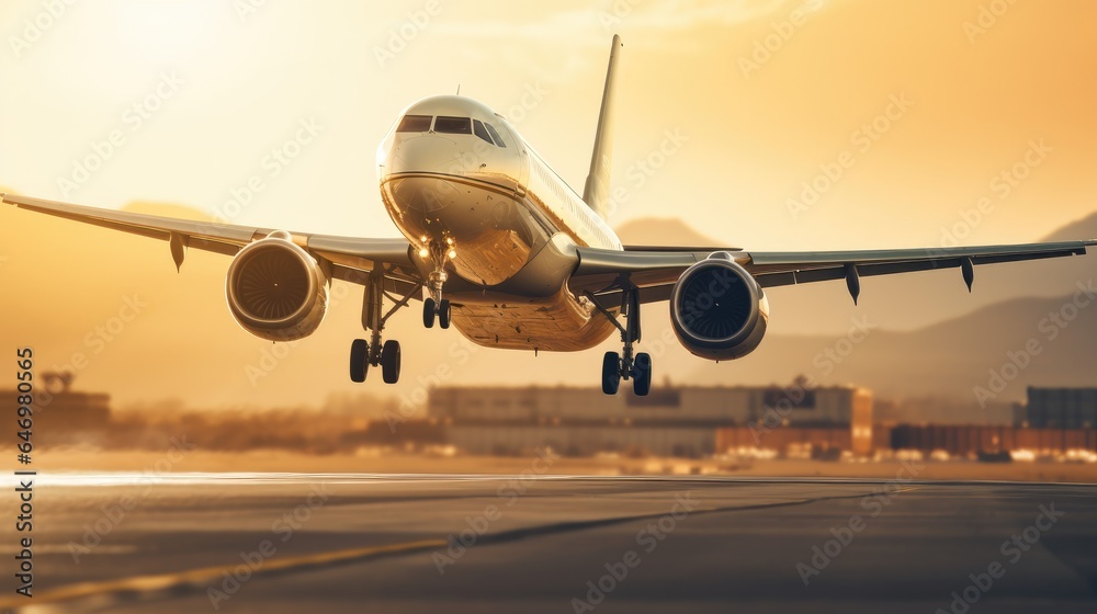 A large passenger jet takes off down an airport runway at sunset