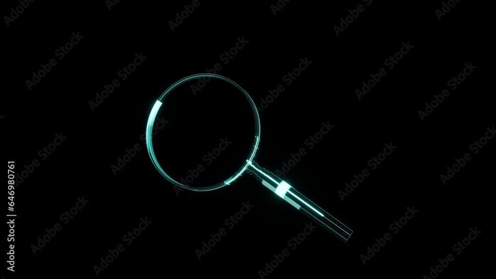 holographic projection of Magnifying Glass on black background. Object spinning around holographic projection of Magnifying Glass on black background. Object spinning around