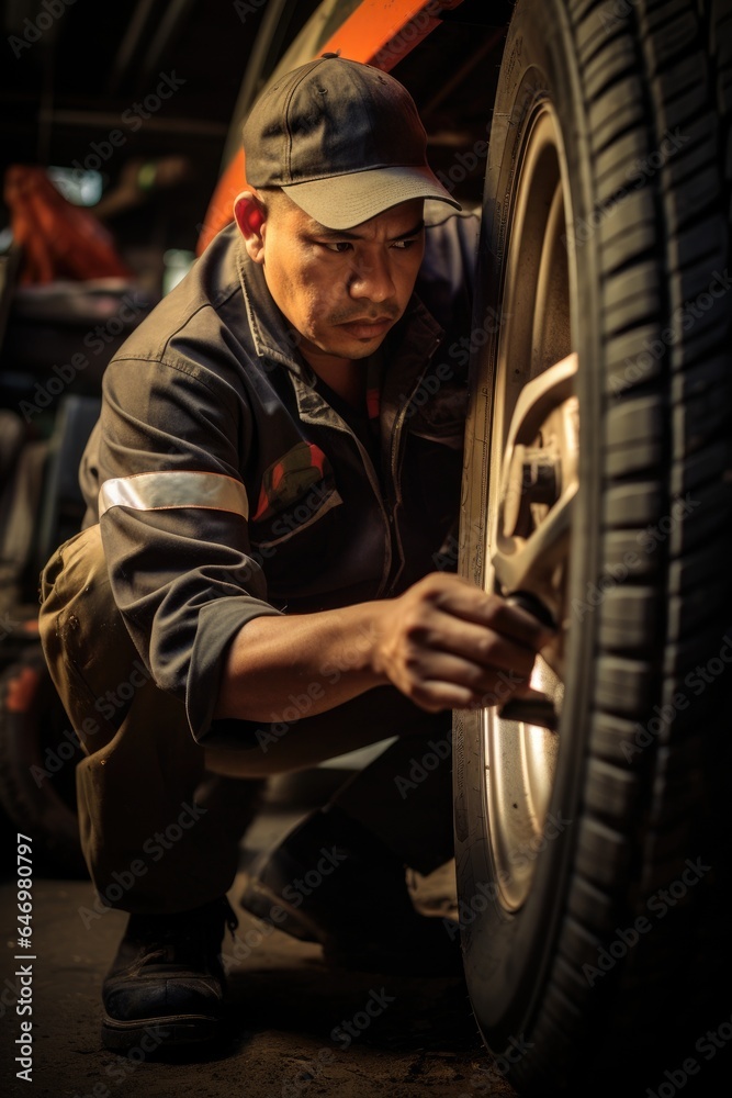 Worker checking technical condition of car wheel. Generative AI