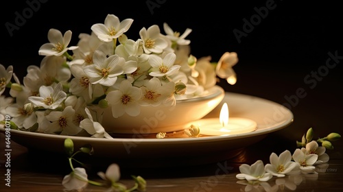 Jasmine flowers creating a tranquil atmosphere on a porcelain plate.