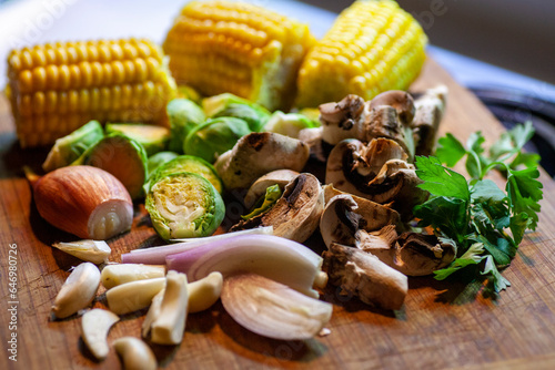 Corn mushrooms brussel sprouts and shallot collection.