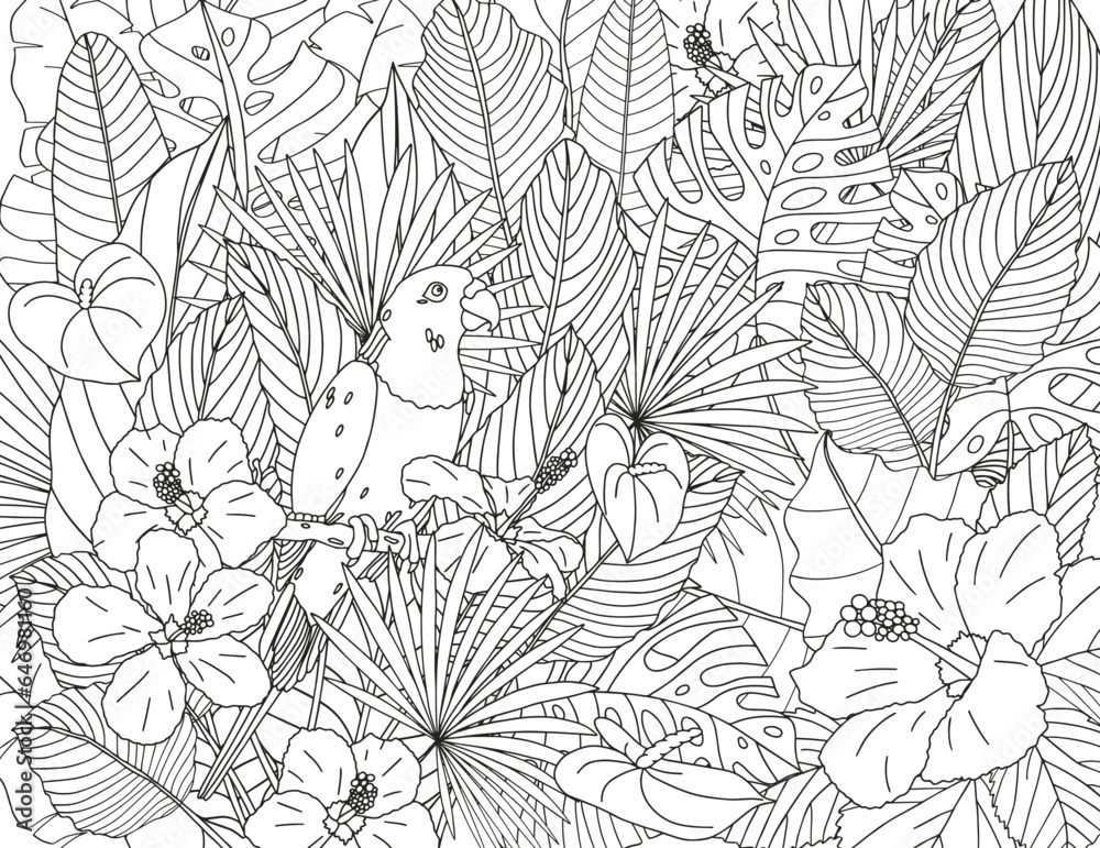 Coloring page made of tropical flowers and leaves. The best activity to relieve stress.