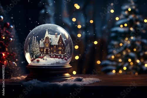 Snow globe with house inside on snowy landscape background Generative AI
