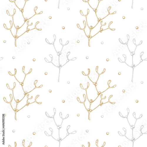 Merry Christmas and Happy New Year mistletoe seamless pattern. Vector illustration in sketch style. Festive background