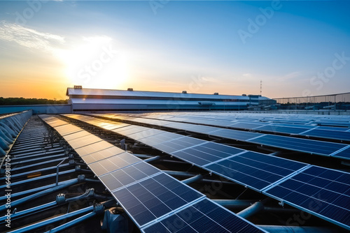 Large industrial building with solar panels on top. Morning light above a warehouse, green technology showcase