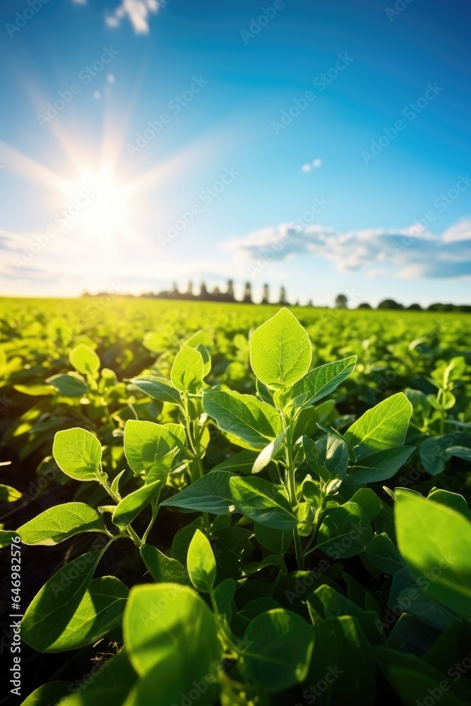 Agricultural soy plantation on sunny day. Generative AI Agricultural soy plantation on sunny day. Generative AI