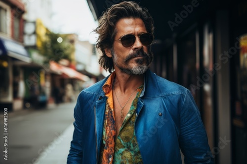 Portrait of a handsome middle-aged man in a blue jacket and sunglasses. Men's beauty, fashion.
