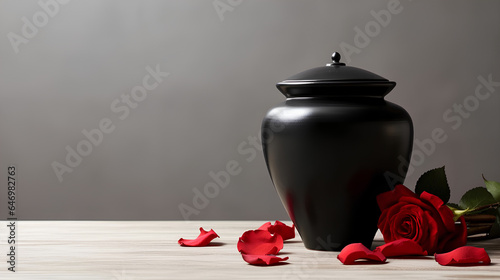 Rose and urn with ashes on a white background, funeral concept. Cremation. photo