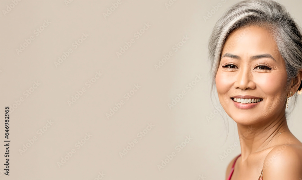 Portrait of a beautiful aging Asian woman on a light background Portrait of a beautiful aging Asian woman on a light background