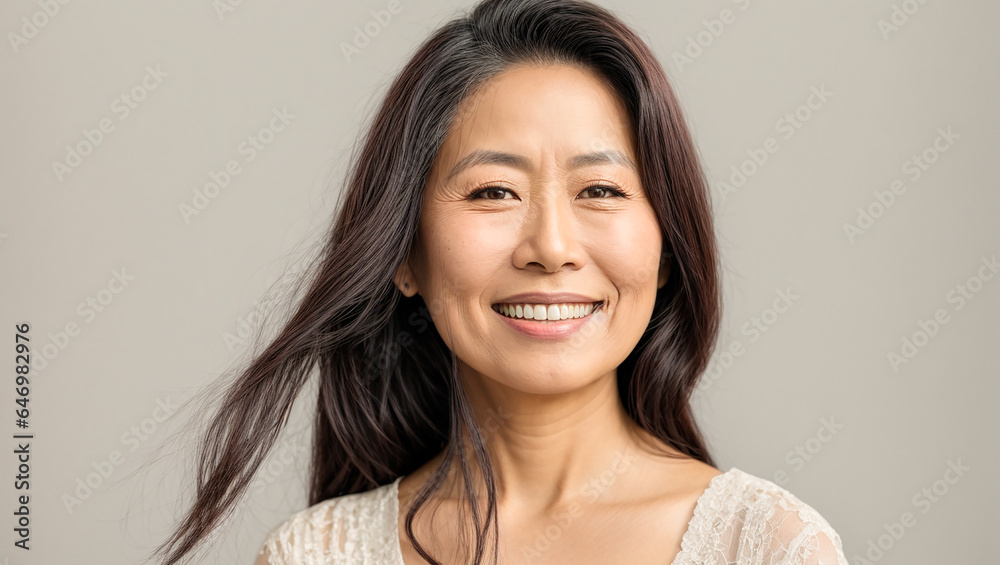 Portrait of a beautiful aging Asian woman on a light background Portrait of a beautiful aging Asian woman on a light background