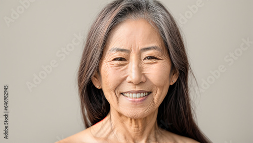 Portrait of a beautiful aging Asian woman on a light background