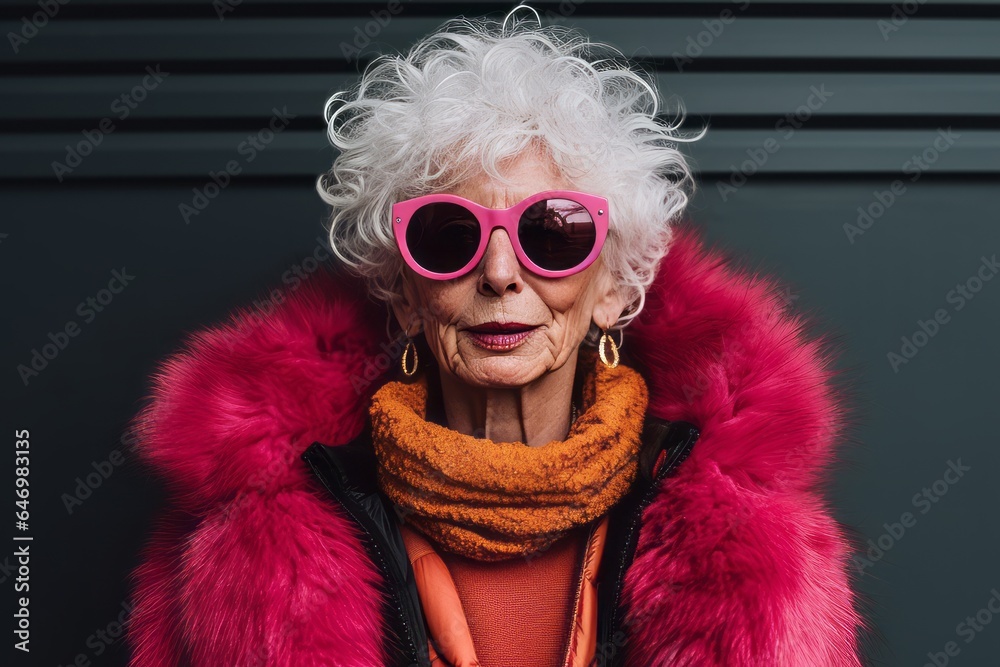Portrait of a beautiful senior woman in pink fur coat and sunglasses. Portrait of a beautiful senior woman in pink fur coat and sunglasses.