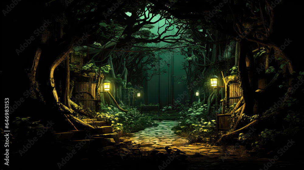 Night view of the forest with lanterns. 3D rendering