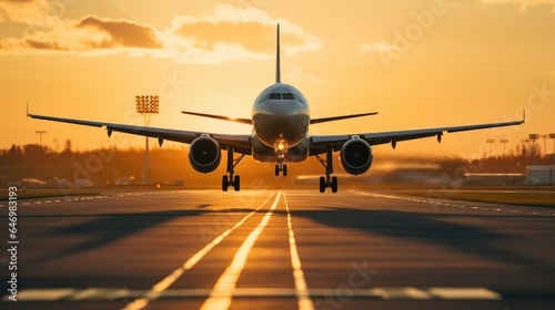 A large passenger jet takes off down an airport runway at sunset