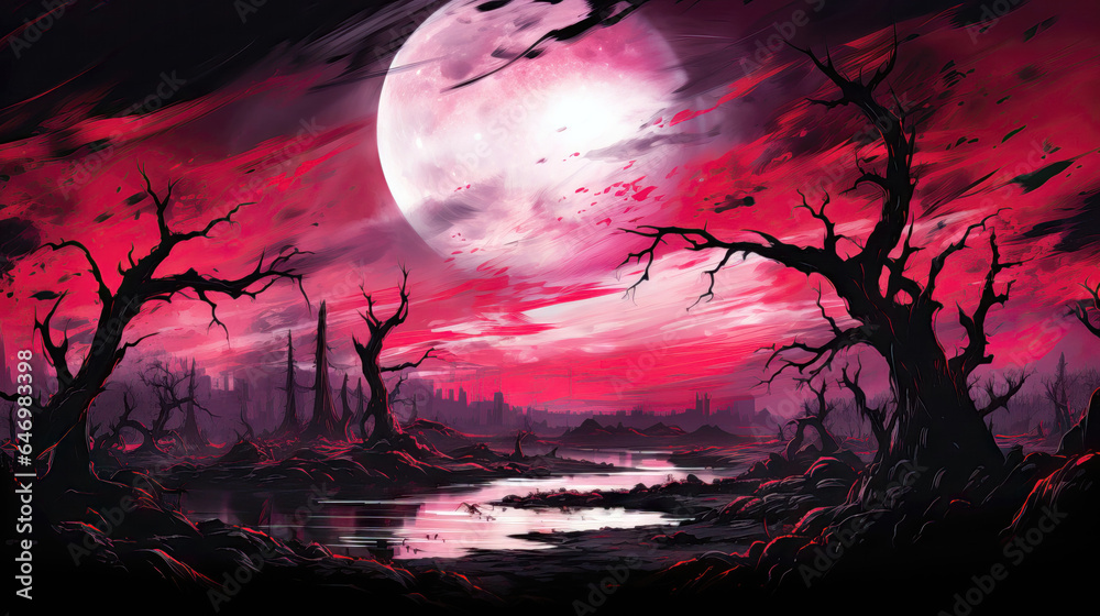 Fototapeta premium Horror landscape with dead trees and full moon. Halloween illustration