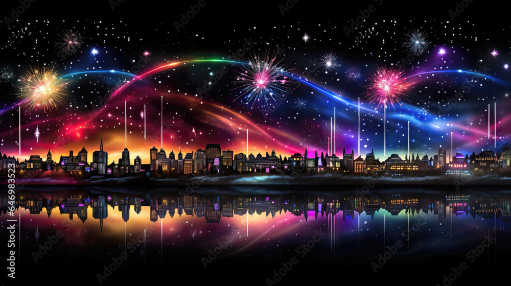 Fireworks over the city with reflection on the water, vector illustration