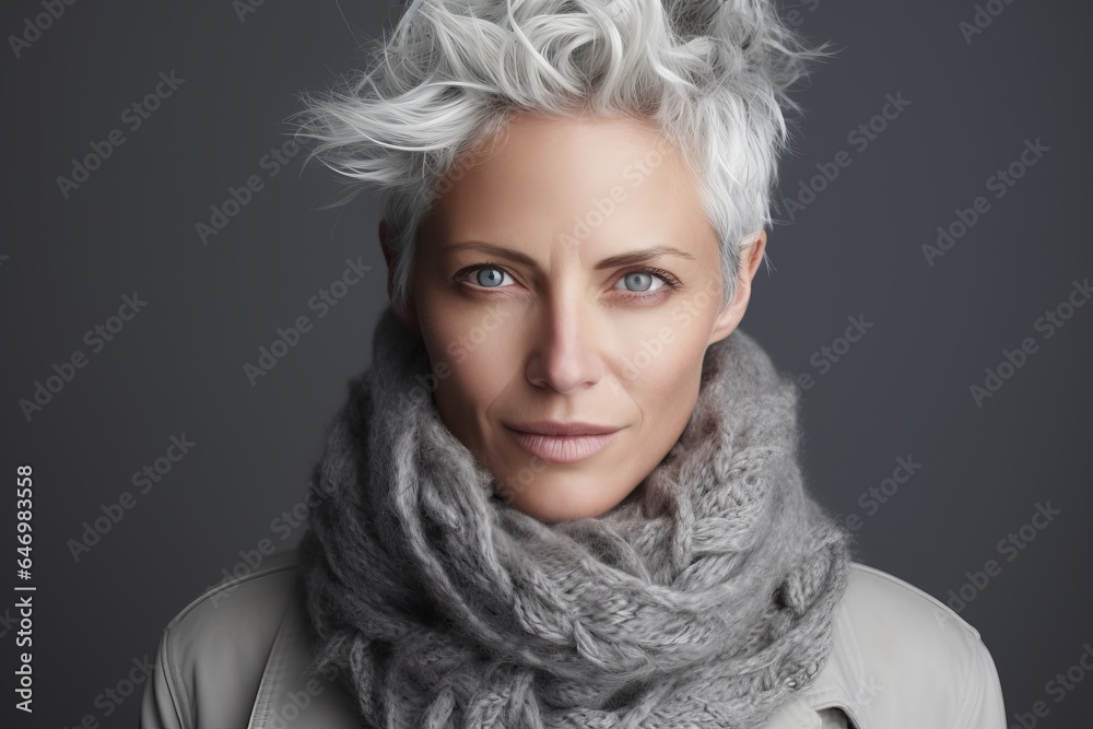 Portrait of a beautiful woman in a gray scarf and coat. Portrait of a beautiful woman in a gray scarf and coat.