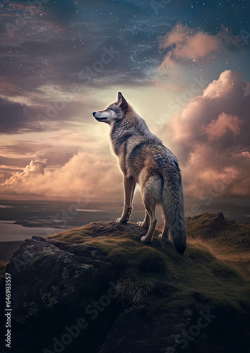 Lone wolf standing on top of the hill under starry night © Zina Seletskaya