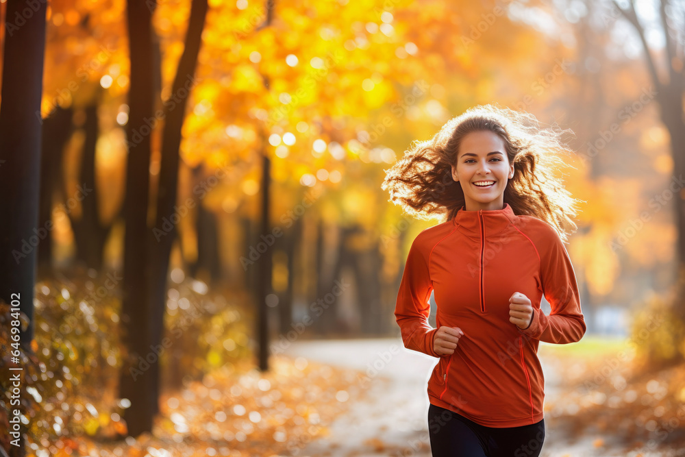 Happy female runner jogging on a park on an autumn day Happy female runner jogging on a park on an autumn day