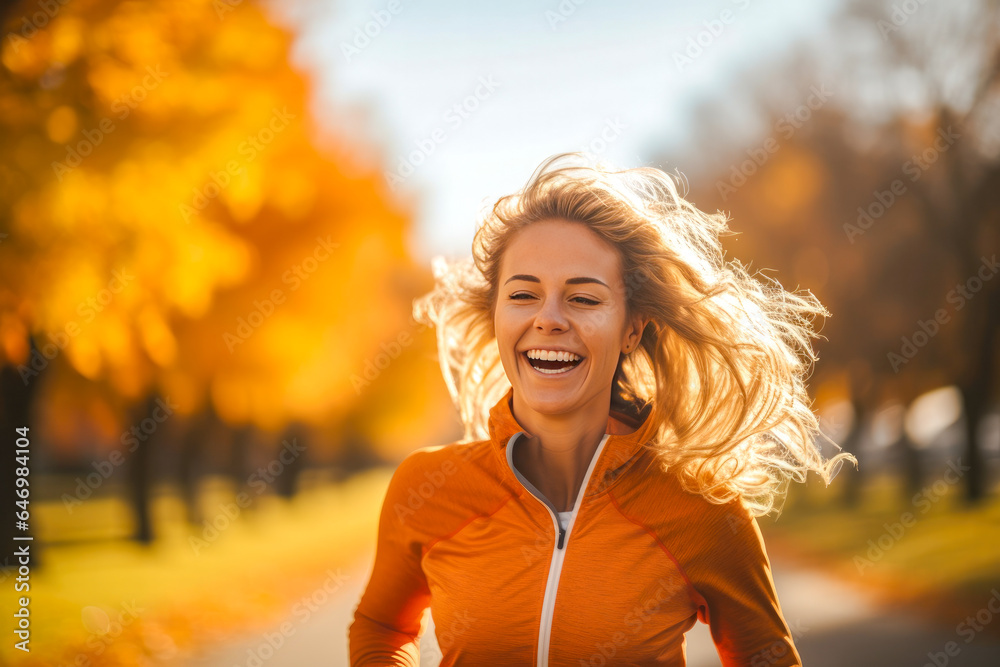 Happy female runner jogging on a park on an autumn day Happy female runner jogging on a park on an autumn day