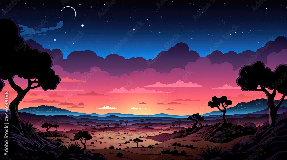 Night landscape with forest and mountains. Vector illustration