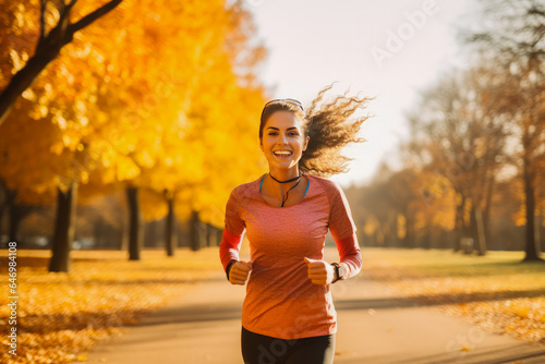 Happy female runner jogging on a park on an autumn day