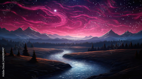 Fantasy landscape with river and mountains in the night