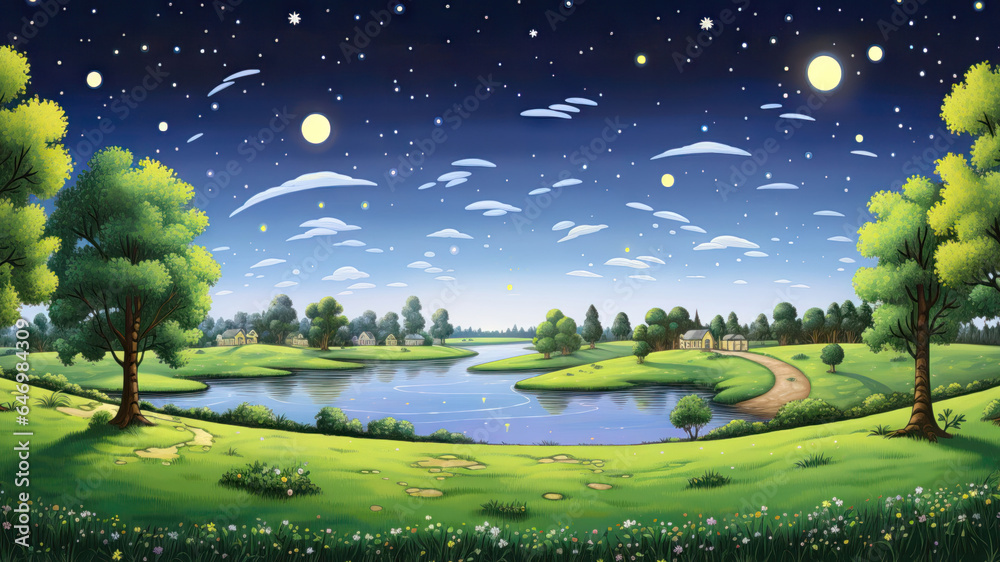 Night landscape with river and green meadow