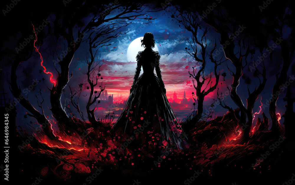 Witch in the forest at night. Halloween background. Vector illustration Witch in the forest at night. Halloween background. Vector illustration