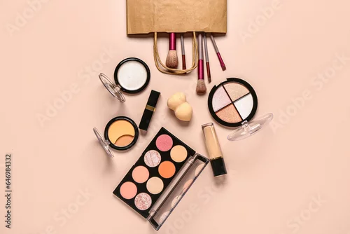 Obraz Shopping bag with makeup cosmetics on beige background