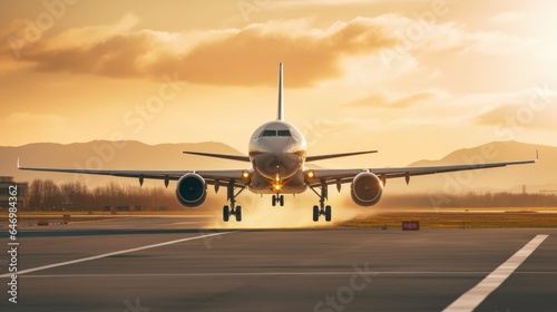 A large passenger jet takes off down an airport runway at sunset