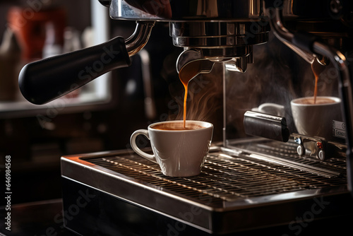 A coffee machine pouring coffee or espresso into a white cup.generative ai