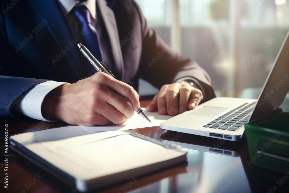 Businessman signing important documents behind a desk with a laptop, close up view.generative ai
Businessman signing important documents behind a desk with a laptop, close up view.generative ai