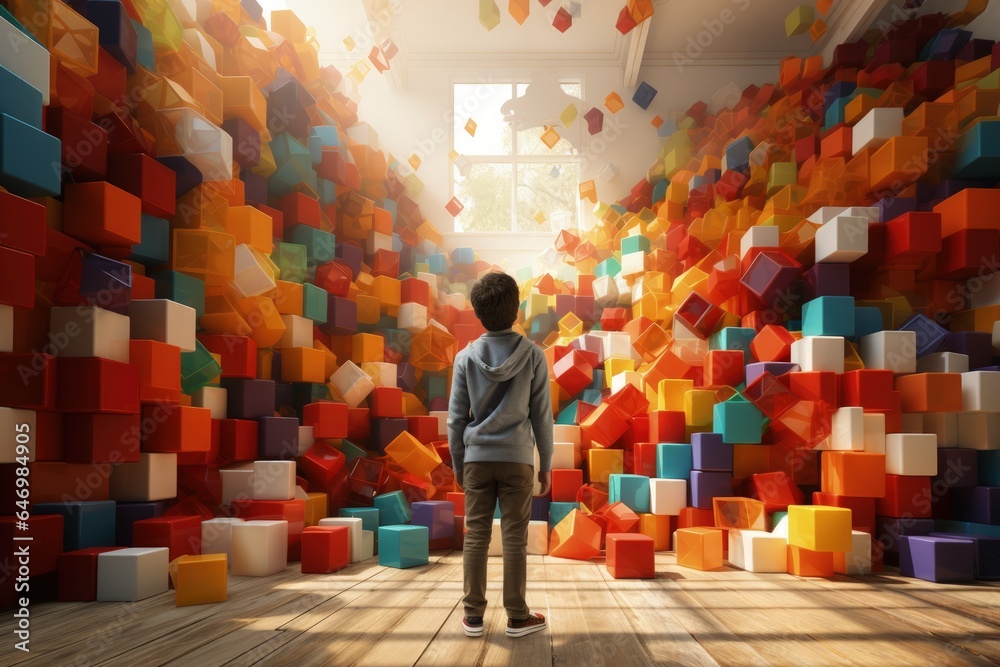 Small child in the playroom. little happy and cheerful boy plays with colorful constructor cubes. Pre-school development and education - obrazy, fototapety, plakaty 